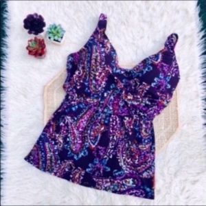 Lands End V Neck Tankini Swim Top Paisley Purple